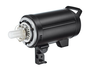 Powerful modern studio flash with open pilot and pulsed light lamps, without light-forming nozzles, isolated on a white background.