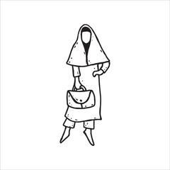 muslim business woman holding a working bag Hand drawn line art cartoon vector illustration.
