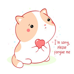 Apologize card. Sad little kitten with pink heart. Inscription I'm sorry, please forgive me. Cute baby cat apologize. Vector illustration EPS8 