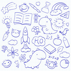 Back to school. Set of cute hand drawn sketches. Collection of funny sketch on notebook page - faces of boy and girl, dino, cat, leaf, sun, rainbow, rocket, apple, brush. Vector illustration EPS8
