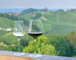 Two glasses with red and white wine against a blurred landscape