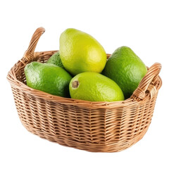 Illustration of wicker basket full of fresh ripe avocado plants isolated on transparent background. Organic healthy food. PNG clip art element. Generated with AI.
