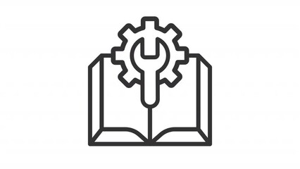 Animated manual line icon. Wrench turning cogwheel over opened book animation. User guide. Turning pages. Knowledge base. Loop HD video with alpha channel, transparent background. Motion graphic - Powered by Adobe