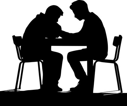 Silhouette of a man sad and upset about life or business problem sharing with his best friend supporting him, sitting on chair