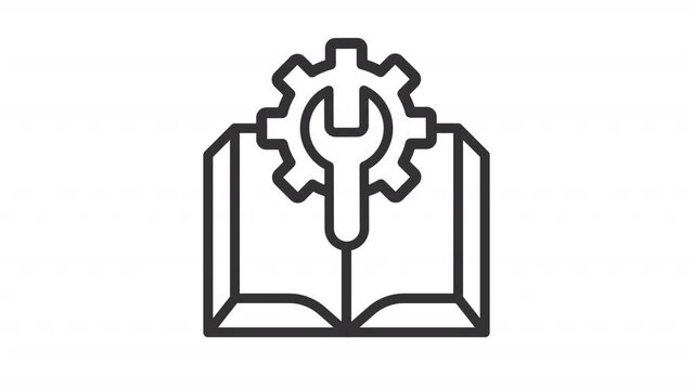 Animated manual line icon. Wrench turning cogwheel over opened book animation. User guide. Turning pages. Knowledge base. Loop HD video with alpha channel, transparent background. Motion graphic