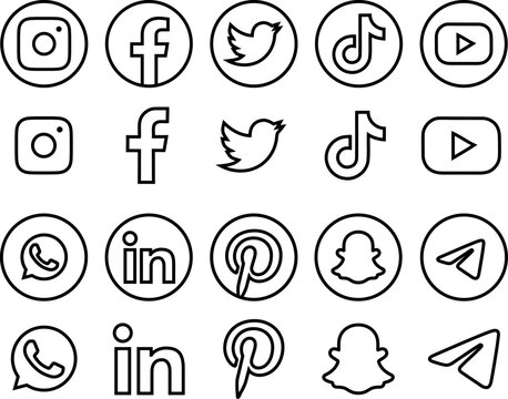 Social media line icons. Instagram, Facebook, Twitter, TikTok, YouTube, WhatsApp networking outline logo set. Vector editorial illustration
