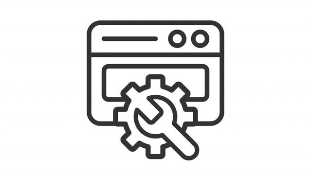 Website configuration icon animation. Animated line browser window with wrench turning cogwheel. Web development. Loop HD video with alpha channel, transparent background. Outline motion graphic