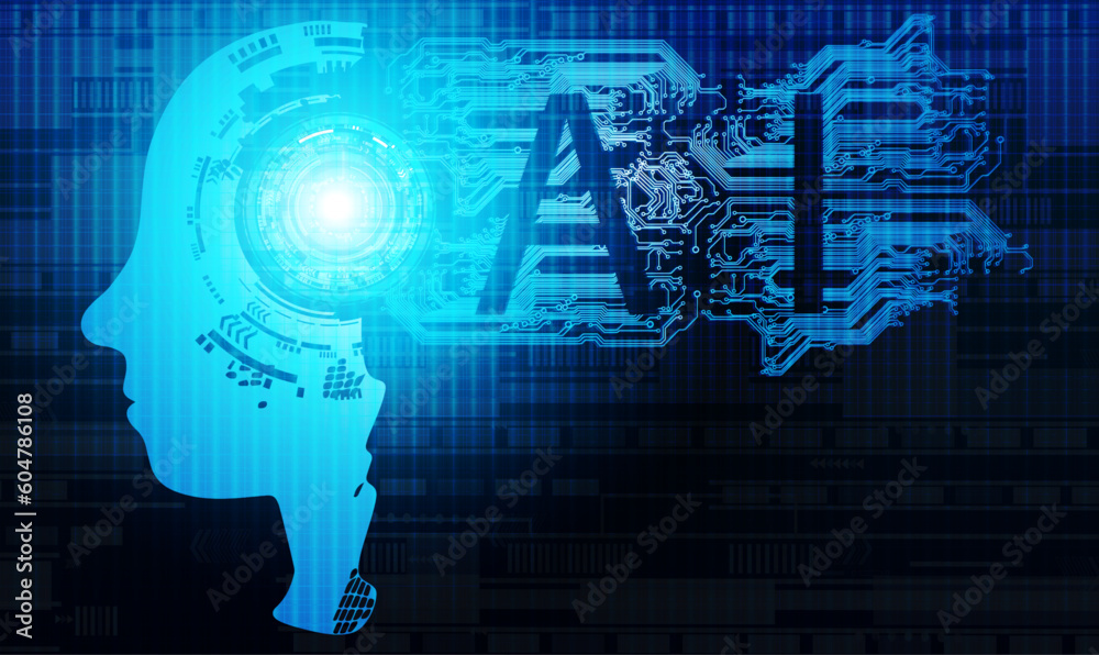 Fototapete Ai robot of binary coding processing over blue background with circuit board and circle tech.Vector illustration