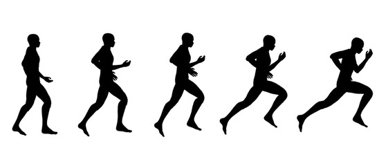 Set of silhouettes human anatomy on walking to sprint on white background.