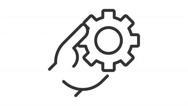 Work optimization icon animation. Animated line hand holding spinning gear. Team collaboration. Business automation. Loop HD video with alpha channel, transparent background. Outline motion graphic