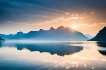 Fototapeta na wymiar sunrise on the lake, reflecting mountaion on the lake, lake in the morning sun shine