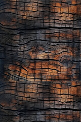 Naklejka premium Charred Wood Texture Background. Seamless Vertical Planks with Dramatic Black, Orange, and Brown Tones. Burnt Timber Surface for Industrial or Shou Sugi Ban Design.