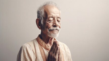 A senior man conveys his faith through a moment of silent prayer. Generative AI