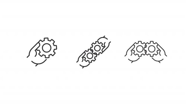 Team relationship icons animation. Animated line hands joining gears. Software development. Working together. Loop HD video with alpha channel, transparent background. Outline motion graphic