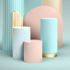 Set of beige, blue, pink and white realistic 3d cylinder pedestal podium in pastel colorful abstract rooms and gold element. Generative AI
