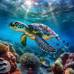 Fototapeta premium Sea turtle or marine turtle swimming in ocean. AI generated