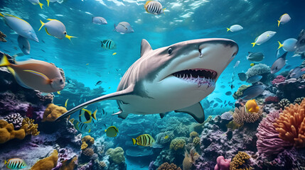 Shark swimming in ocean over sunshine. AI generated