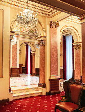 Bucharest, Romania-3 April, 2022:Casa Capsa (Capsa House) is a beautiful boutique hotel, historic landmark with beautiful architecture. The interior has sparkling chandeliers and baroque furnishings.