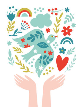 World peace poster. Dove of peace , flowers, heart, symbols of peace	
