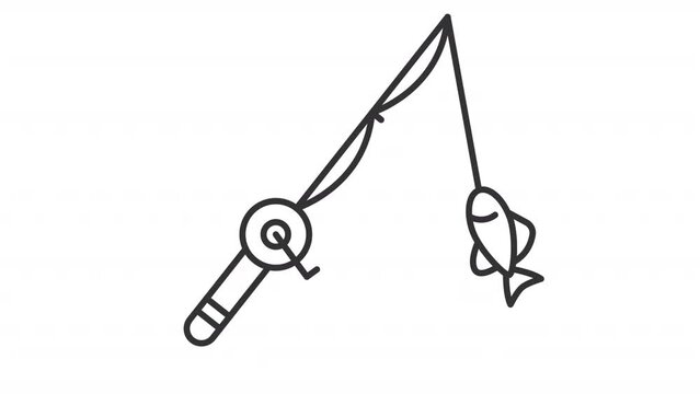 Animated fishing rod line icon. Fishing tackle animation. River bank. Boat accessory. Sport equipment. Catching fish. Loop HD video with alpha channel, transparent background. Outline motion graphic