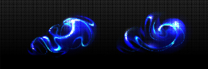Blue neon energy beam ripple game vector effect illustration. Flash png power spark. Abstract magic spell attack flare. Magical wand witchcraft swirl with steam blur rpg asset. Glowinf charm hit set - obrazy, fototapety, plakaty