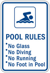 No food or drink in pool area warning sign and labels pool rules
