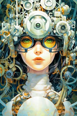 Steampunk Woman Wearing Headgear.  Generative AI.
A digital painting of a steampunk woman wearing mechanical headgear.  