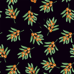 Vector pattern seamless sea buckthorn branches on a white background,beautiful sea buckthorn,sea buckthorn oil,sea buckthorn juice vector on a dark background.