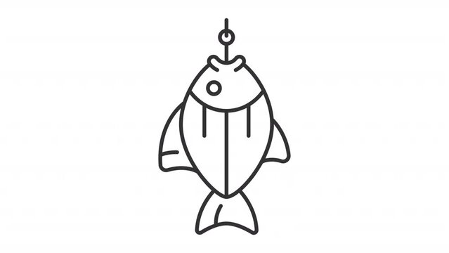 Animated caught fish line icon. Carp hanging on fishing hook animation. Aquatic animal. Catching fish. Fresh water. Loop HD video with alpha channel, transparent background. Outline motion graphic