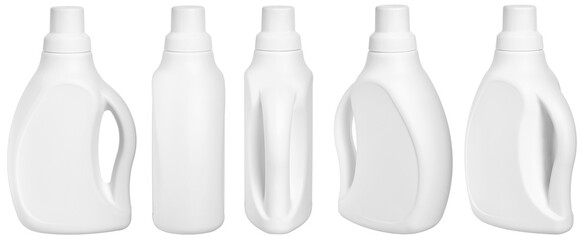 white detergent plastic bottle with measuring cap and cleaning liquid isolated on white