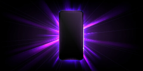 3d mobile phone screen on light glow background. Smartphone futuristic app mockup with abstract beams flare texture pattern scene template. Realistic glossy winner game presentation on device