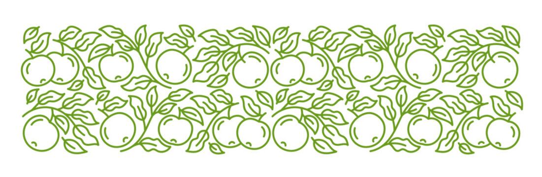 Apple fruit line ornament. Branches leaves and fruit. Editable outline stroke. Vector line.