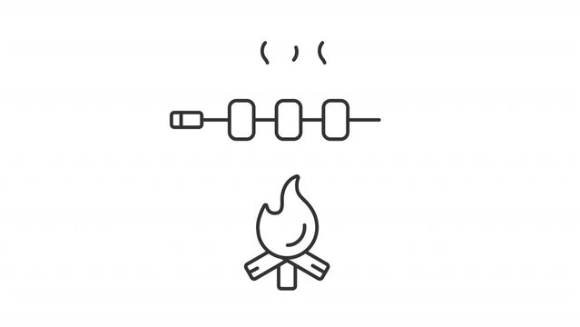 Animated roast marshmallow line icon. Marshmallows on skewer above campfire animation. Open fire. Summer vacation. Loop HD video with alpha channel, transparent background. Outline motion graphic