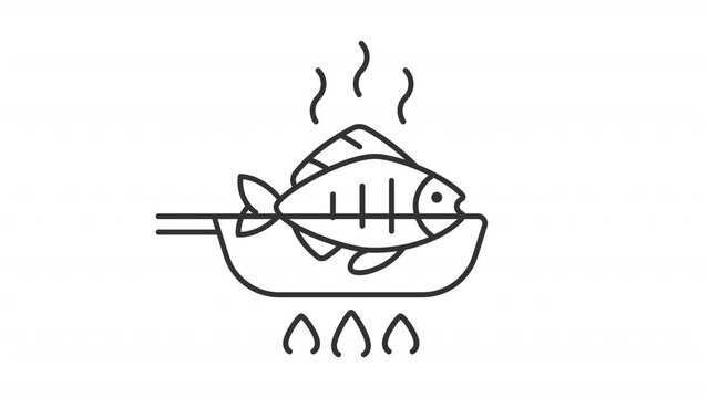 Fish food icon animation. Animated line fish frying in pan. Gas stove. Healthy meal. Fresh catch. Food preparation. Loop HD video with alpha channel, transparent background. Outline motion graphic