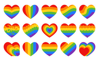 Pride text with red heart in rainbow colors of LGBTQ flag isolated on white background. Set of LGBT symbols. Vector elements for Pride Month design