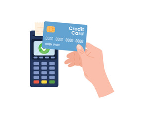 Hand holding plastic credit card over POS flat style, vector illustration