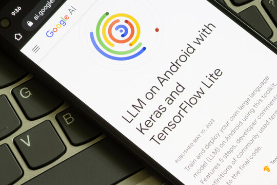 Portland, OR, USA - May 21, 2023: Webpage of the introduction to training and deploying one's own LLM on Android with Keras and TensorFlow Lite is seen on the Google AI's website on a smartphone.
