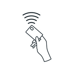 Black outline linear icon about NFC pay hand, vector illustration