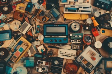 A collage of retro objects such as cassette tapes, floppy disks, and vintage electronics, creating a nostalgic atmosphere. Generative AI