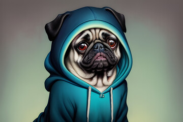 ai-generated, illustration of a fictional cartoon pug dog wearing a hoodie