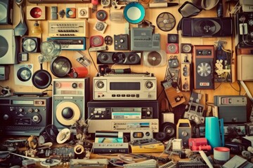 A collage of retro objects such as cassette tapes, floppy disks, and vintage electronics, creating a nostalgic atmosphere. Generative AI