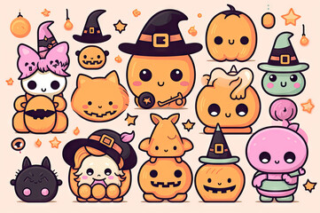 Halloween kawaii witches created with Generative AI technology