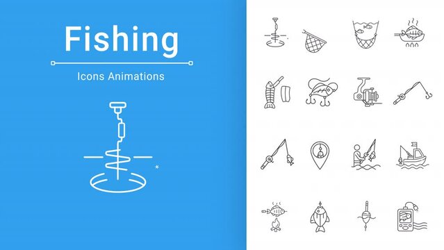 Fishing icons animation. Animated line catching fish. Aquatic animal. Fresh water. Deep sea. Fishing industry. Loop HD video with alpha channel, transparent background. Outline motion graphic