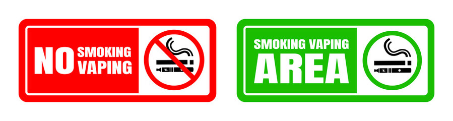 No smoking no vaping and smoking area sign set. Forbidden sign icon isolated on white background vector illustration. Cigarette, vape in prohibition circle and green allowed area.
