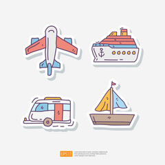Travel Tour and Holiday Vacation Concept Vector Illustration. Airplane, Cruise Ship, Caravan, Sea Boat. Summer and Tourism Doodle Sticker Set Icon