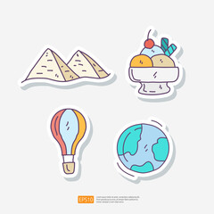 Travel Tour and Holiday Vacation Concept Vector Illustration. Cairo Pyramid, Ice Cream, Hot Air Balloon, World . Summer and Tourism Doodle Sticker Set Icon