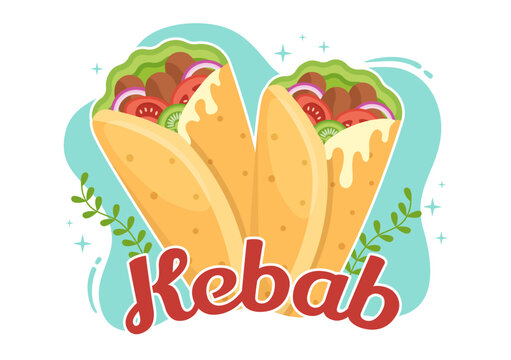 Kebab Vector Illustration with Stuffing Chicken or Beef Meat, Salad and Vegetables in Bread Tortilla Wrap in Flat Cartoon Hand Drawn Templates