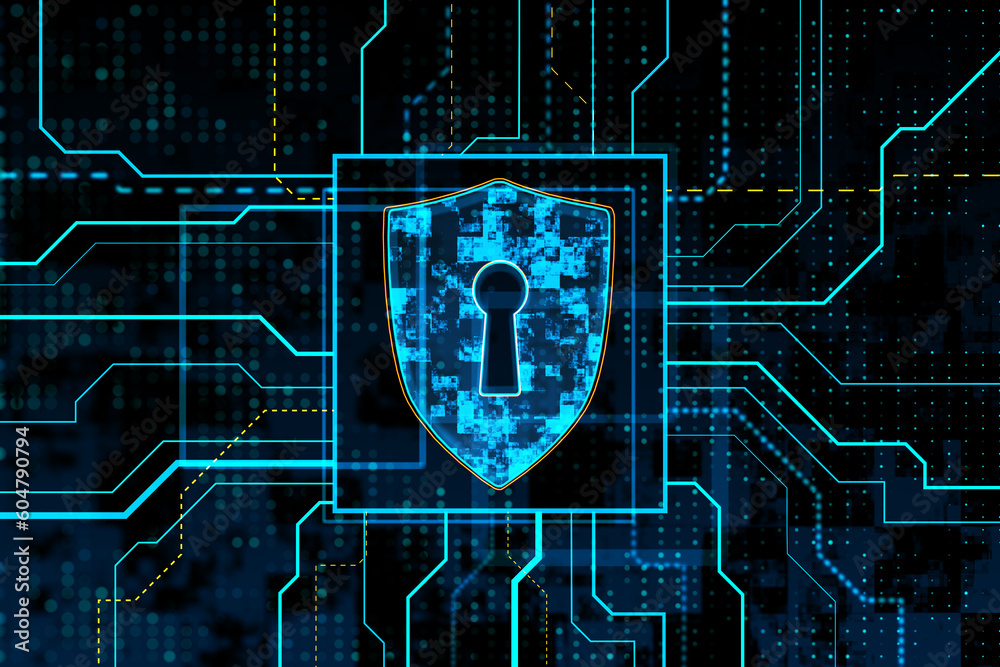Fototapete Safeguard your digital assets with state-of-the-art network security system. Blue shield with keyhole symbol on a dark technological background represents the best in cyber security. 3D rendering.