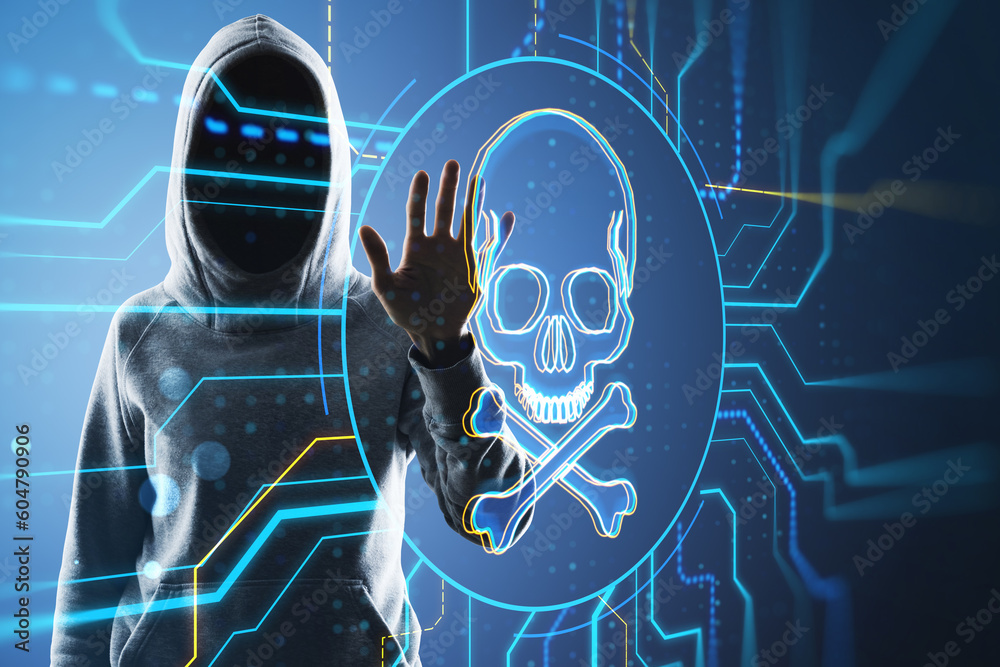 Poster Hacker in hoodie using digital skull hologram on blurry background. Hacking, malware and crime concept. Double exposure.
