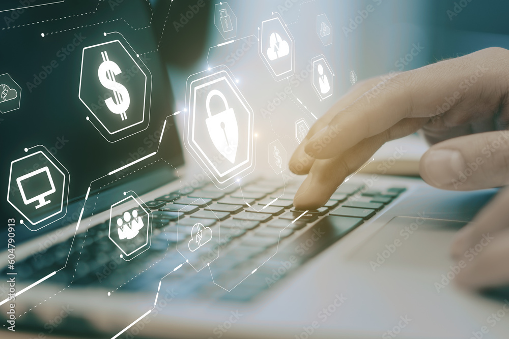Poster Close up of hands using laptop computer with glowing web security hologram and other icons on blurry background. Digital interface and protection concept. Double exposure.